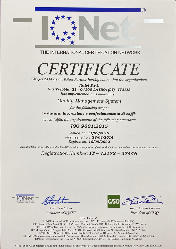 peppo's кофе натуральный италия, сертификаты ISO